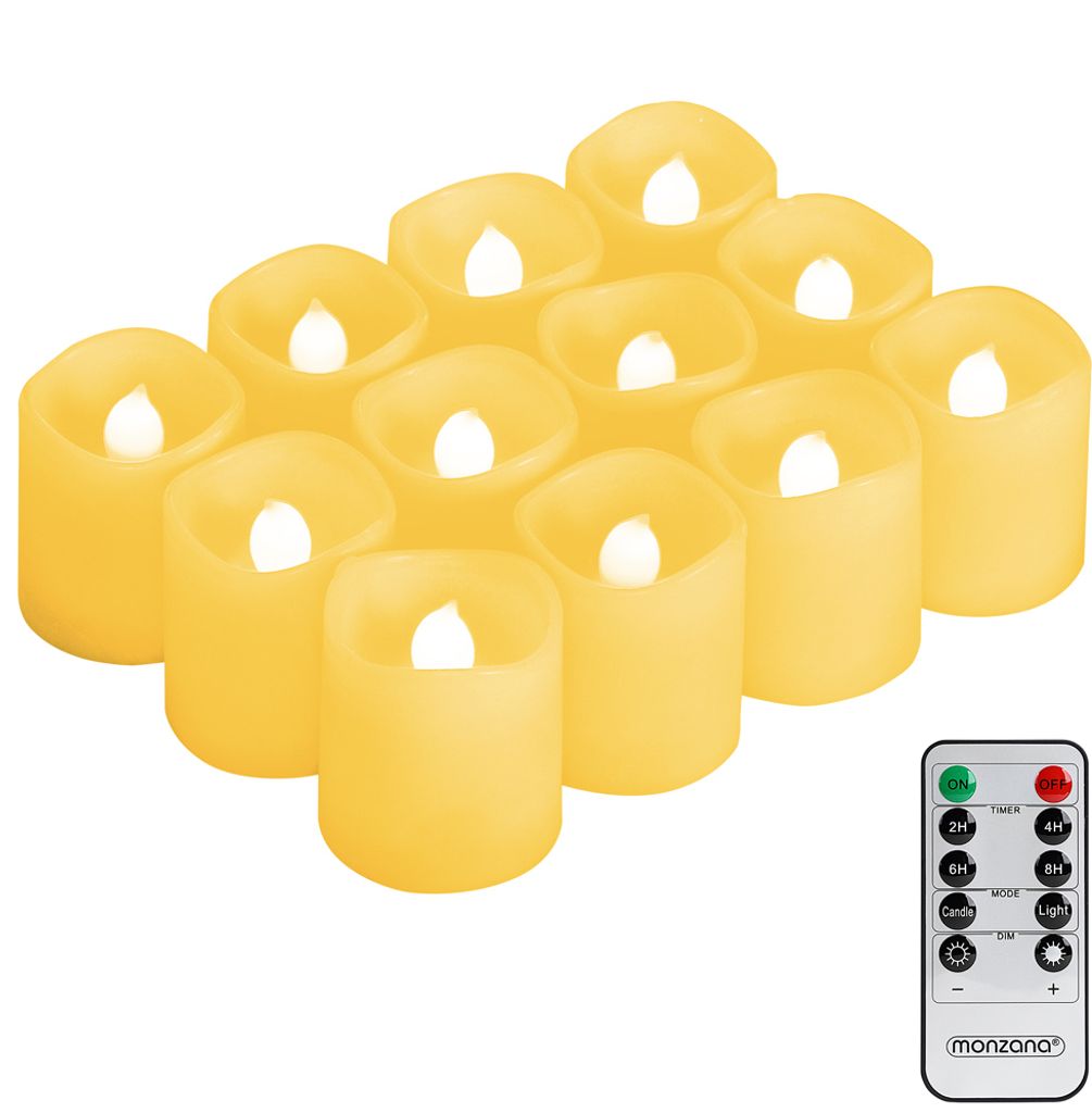 MONZANA® LED Kerzen mit Timerfunktion 2-8H Flackernde Flamme Fernbedienung mit Batterien Warmweiß 12x Teelichter 4,5CM Echtwachs Dimmbar Elektrisch