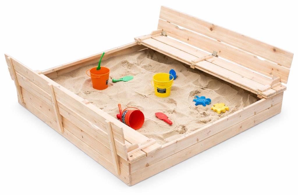 Großer Kindersandkasten aus Holz mit Bänken und Produktbild 