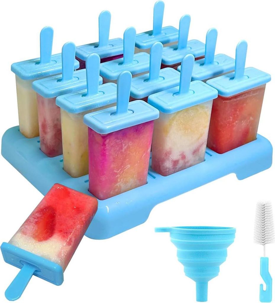 12er Set wiederverwendbare Eisformen, BPA-frei, mit Silikontrichter & Reinigungsbürste, DIY Eis am Stiel, kindersicher, leicht zu reinigen, blau
