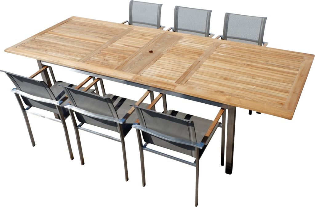 ALEOS. Gartengarnitur Edelstahl Batyline A-Grade Teak Holz Se: Ausziehtisch 200-240-280 x 100 cm + 6 Sessel mit Batyline Bespannung Serie KUBA-BRAU...