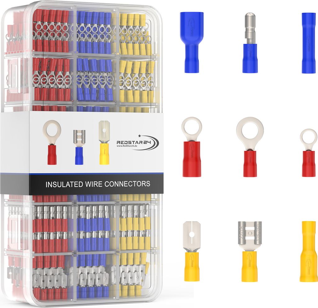 RedStar24 Kabelschuhe Set – 700 Stk. Flachsteckhülsen, Rundstecker, Ringkabelschuhe & Stoßverbinder Sortiment 0,5-6,0mm² | Elektro-Set für KF...