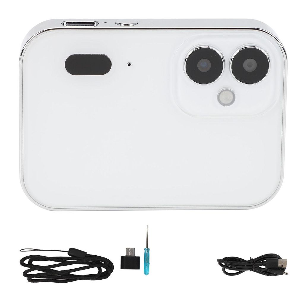 A white digital camera with a triple lens system and accessories laid out below it on a white background.