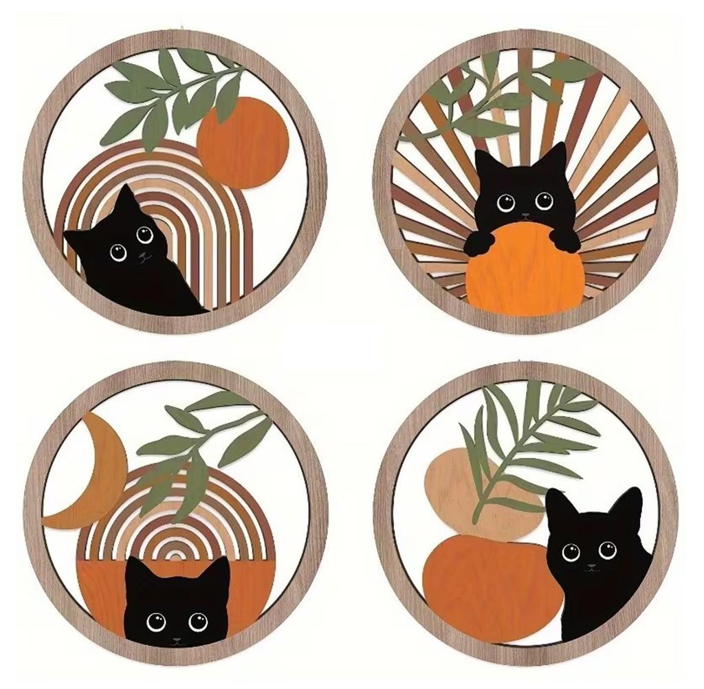 4-teiliges Boho-Wanddeko-Set mit schwarzer Katze, geometrischen, durchbrochenen Holzmotiven im Landhausstil, lustiges, abstraktes, rundes Schild im...
