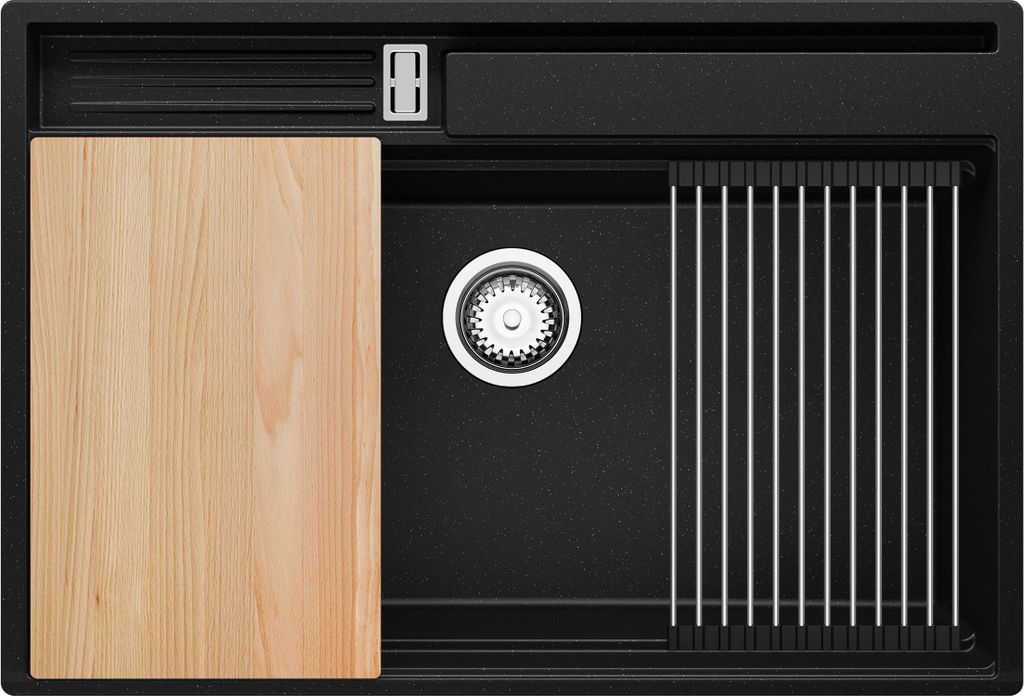 PRIMAGRAN Spülbecken Schwarz Metallic 78x53cm, Granitspüle 1 Becken + Ablauf-Set + Küchenzubehörset, Küchenspüle ab 80er Unterschrank - Oslo ...