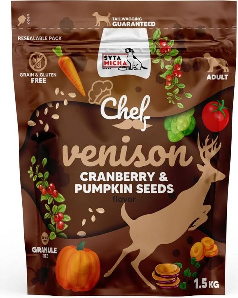 A bag of dog food with illustrations of ingredients and a deer.