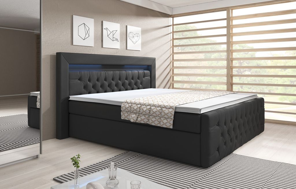 Moebelfest Boxspringbett 160x200 cm mit Bunt LED-Beleuchtung: Polsterbett mit 2 Bettkästen, 2 Taschenfederkernmatratzen 7 Zonen, Topper sowie Kopf...