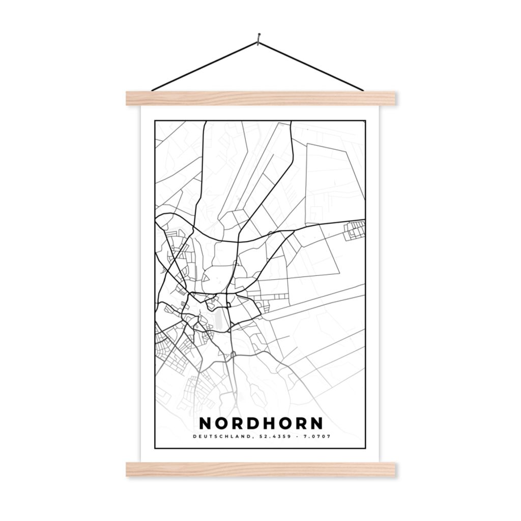 MuchoWow Textilposter Stadtplan - Karte - Nordhorn 120x180 cm mit holzfarbenen Rahmen - Textil-Plakat