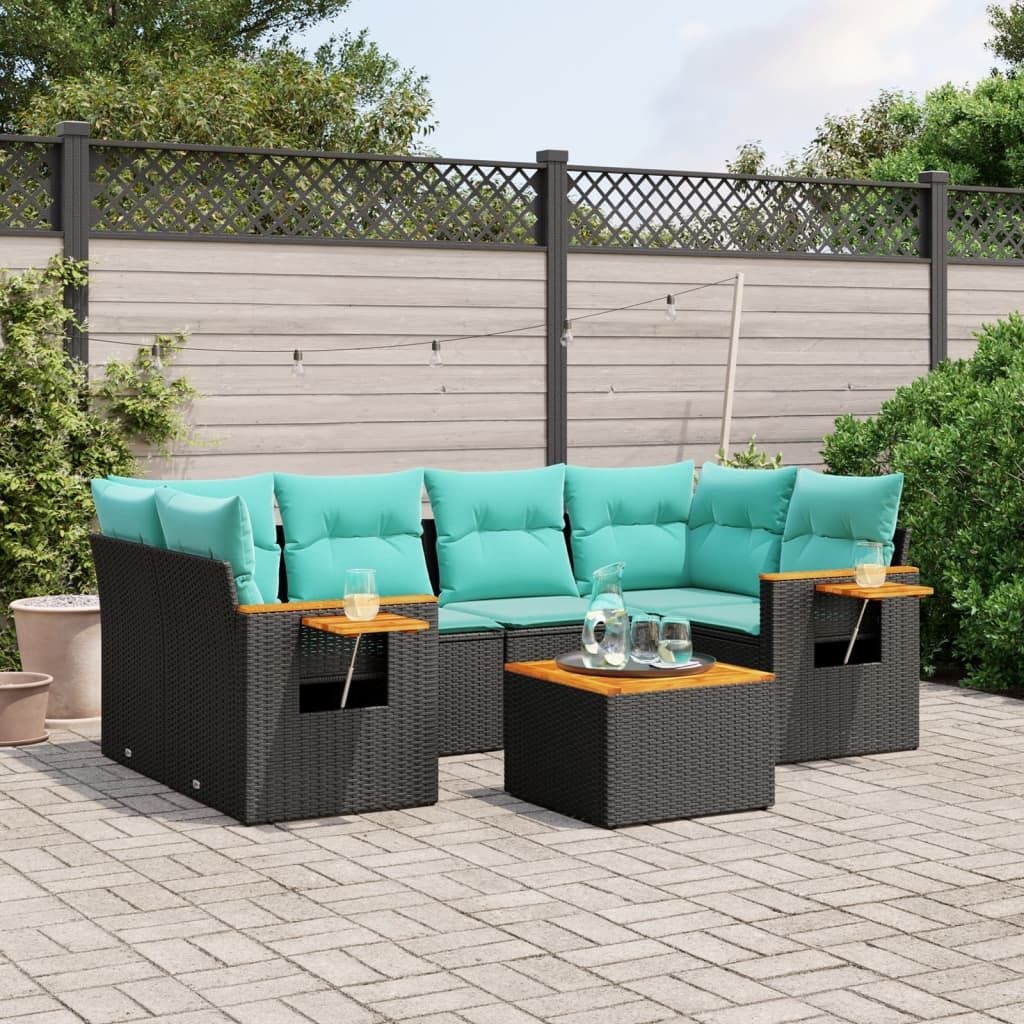 7-tlg. Garten-Sofagarnitur mit Kissen Schwarz Poly Rattan, Gartenmöbel-Sets DesignMöbel