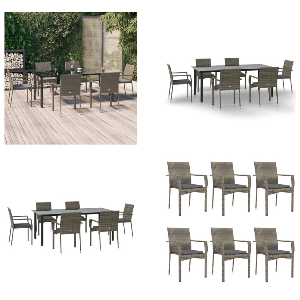 vidaXL 7 tlg. Garten Essgruppe mit Kissen Schwarz und Grau Poly Rattan - Garten Essgruppe - Garten Essgruppen - Essgruppe - Essgruppe Terrasse