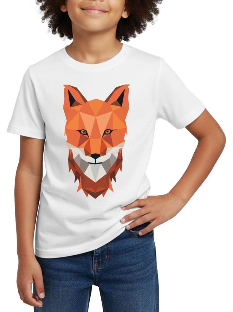 Spreadshirt Fuchs Polygon Low Poly Kinder T-Shirt, 110/116 (5-6 Jahre), Weiß