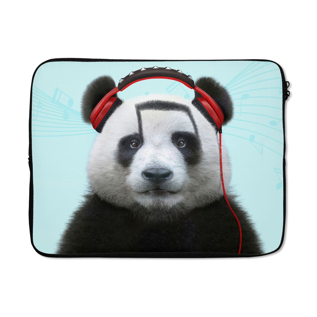 MuchoWow Laptop Hülle 15 Zoll Panda - Kopfhörer - Tier - Musiknoten - Rot Laptoptasche - Laptoptasche - Sleeve - Rundum-Schutz