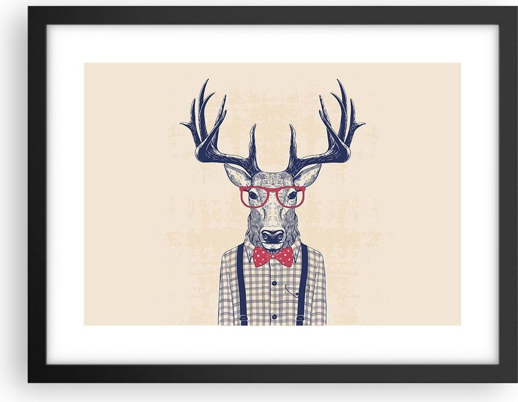Gerahmtes Poster - Schwarzer Rahmen - Charakter Hirsch Illustration hipster - 40x30 cm - Wand Bild - Wanddeko - Wandbilder - Wandposter - Bilderrah...