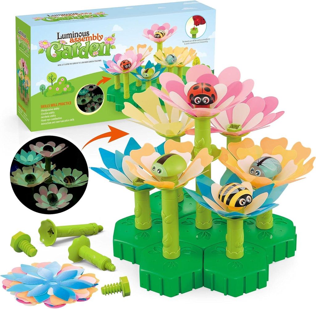 Leuchtendes Blumen Steckspiel für Kinder ab 3 Jahren – Kreatives Garten-Baukasten-Set, 47-teilig, Nachtleuchtend, Lernspielzeug, Geschenkidee