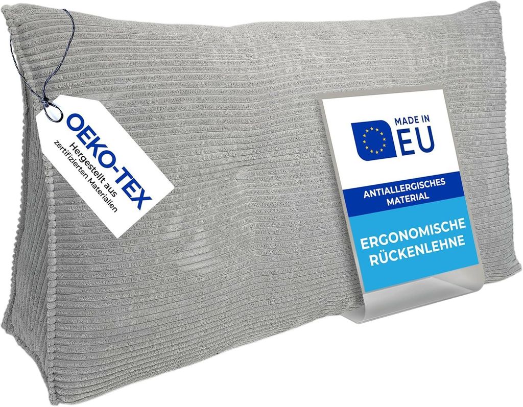 Pillows24 - Rückenkissen für Bett & Sofa mit abnehmbarem, waschbarem Bezug - 120cm breit | Großes Lesekissen - Keilkissen, Cord-Hellgrau