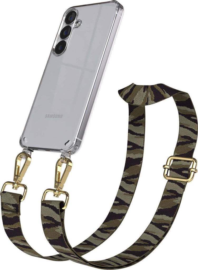 EAZY CASE Handykette - Verstellbarer Trageriemen kompatibel mit Samsung Galaxy S25, Handykordel mit transparenter Silikon-Hülle, Karabiner Gold, C...