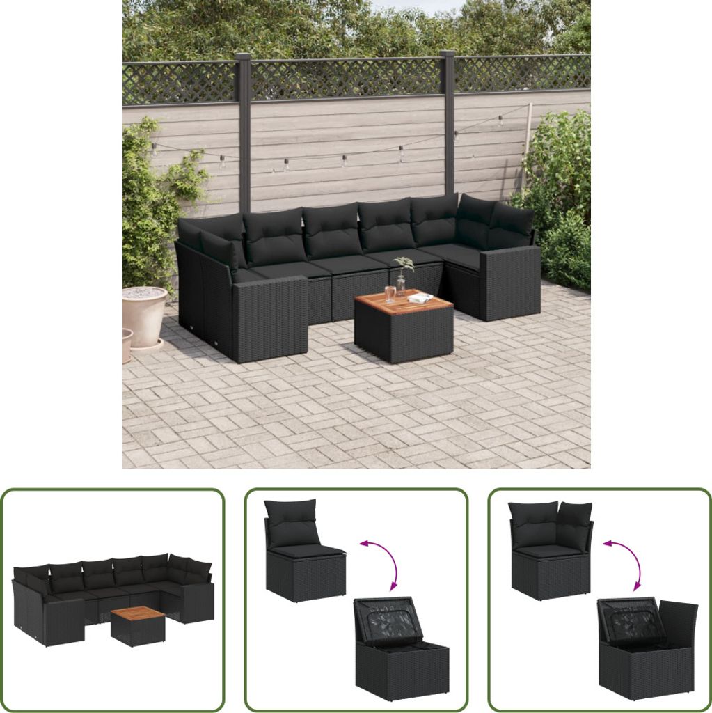 The Living Store 8-tlg. Garten-Sofagarnitur mit Kissen Schwarz Poly Rattan