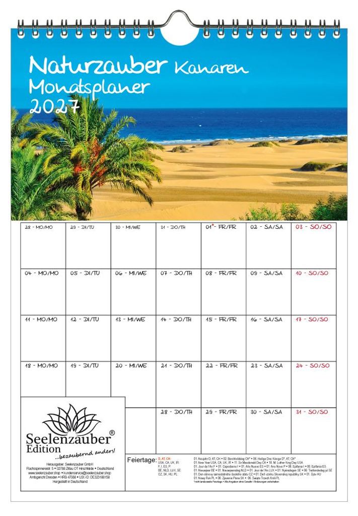 Naturzauber Kanaren Planer DIN A4 Kalender für 2027 Landschaft Natur Urlaub Spanien - Set: 1x Kalender 1x Weihnachtsanhänger 1x Grußanhänger (3...