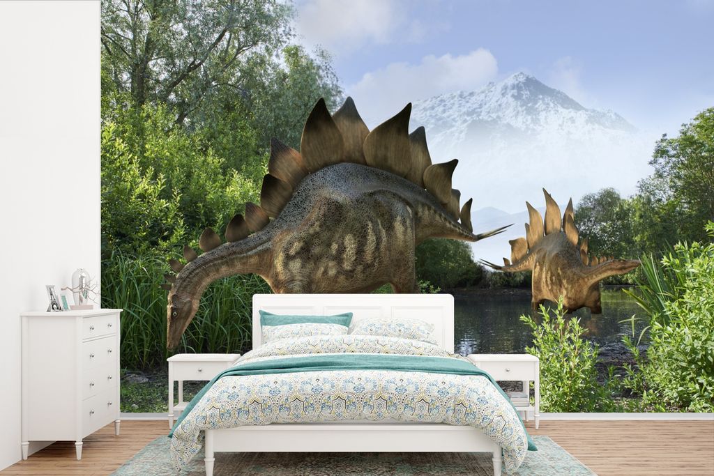 MuchoWow Fototapete für Wohnzimmer oder Schlafzimmer Wandtapete Vinyl Motivtapete Dinosaurier - Berg - Wald - Illustration - Jungen - Kinder - K...