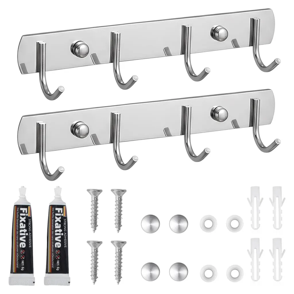 Patère Murale Inox avec 4 Crochets Fixes pour Cuisine et Salle de Bain