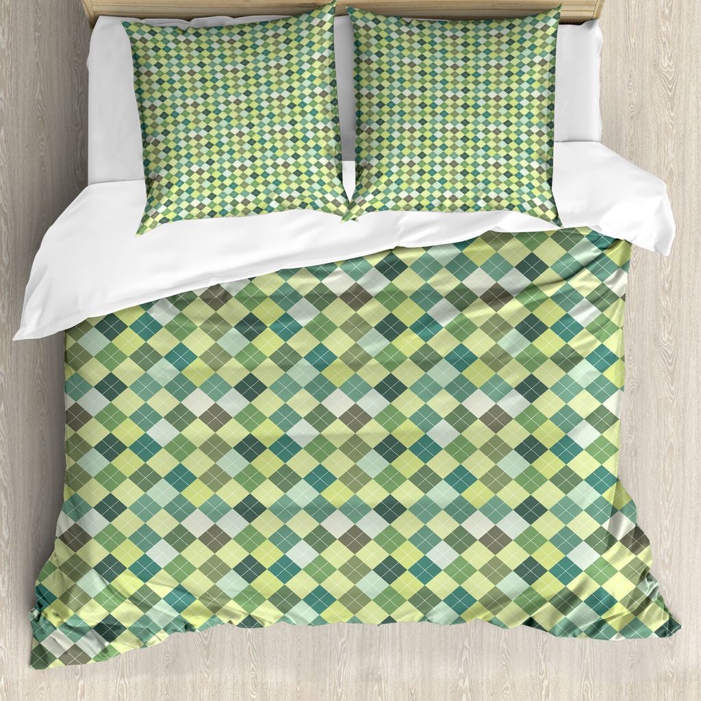 ABAKUHAUS Plaid Bettbezug, Traditionelle Argyle Grün, Milbensicher Allergiker geeignet mit Kissenbezügen, 155 cm x 220 cm - 80 x 80 cm, Mehrfarbig