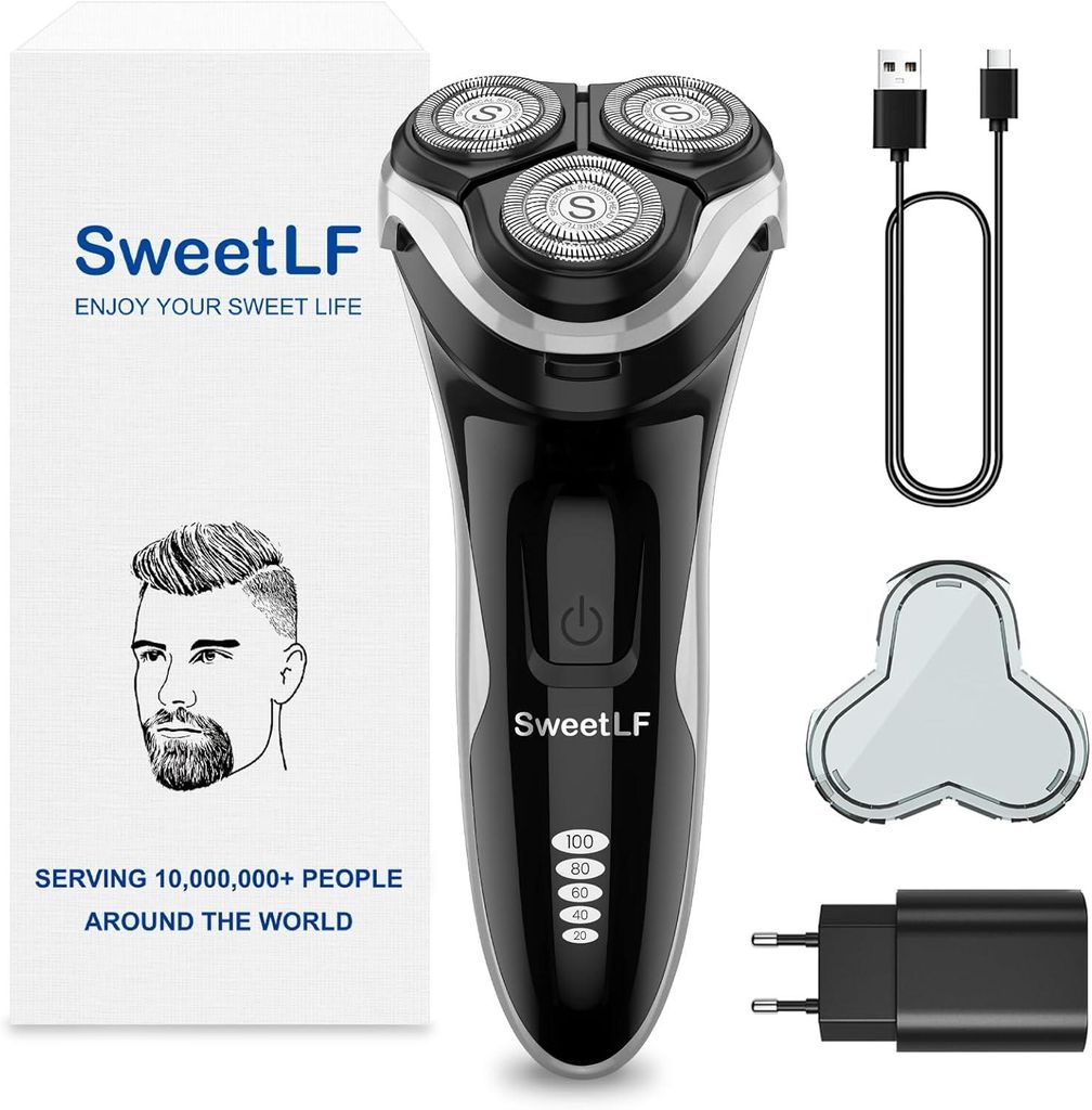 SweetLF Elektrischer Herrenrasierer Nass- & Trockenrasur, Wiederaufladbar, IPX7 Wasserdicht, 4D Rotationsköpfe, Barttrimmer, LED-Display,Schnellla...