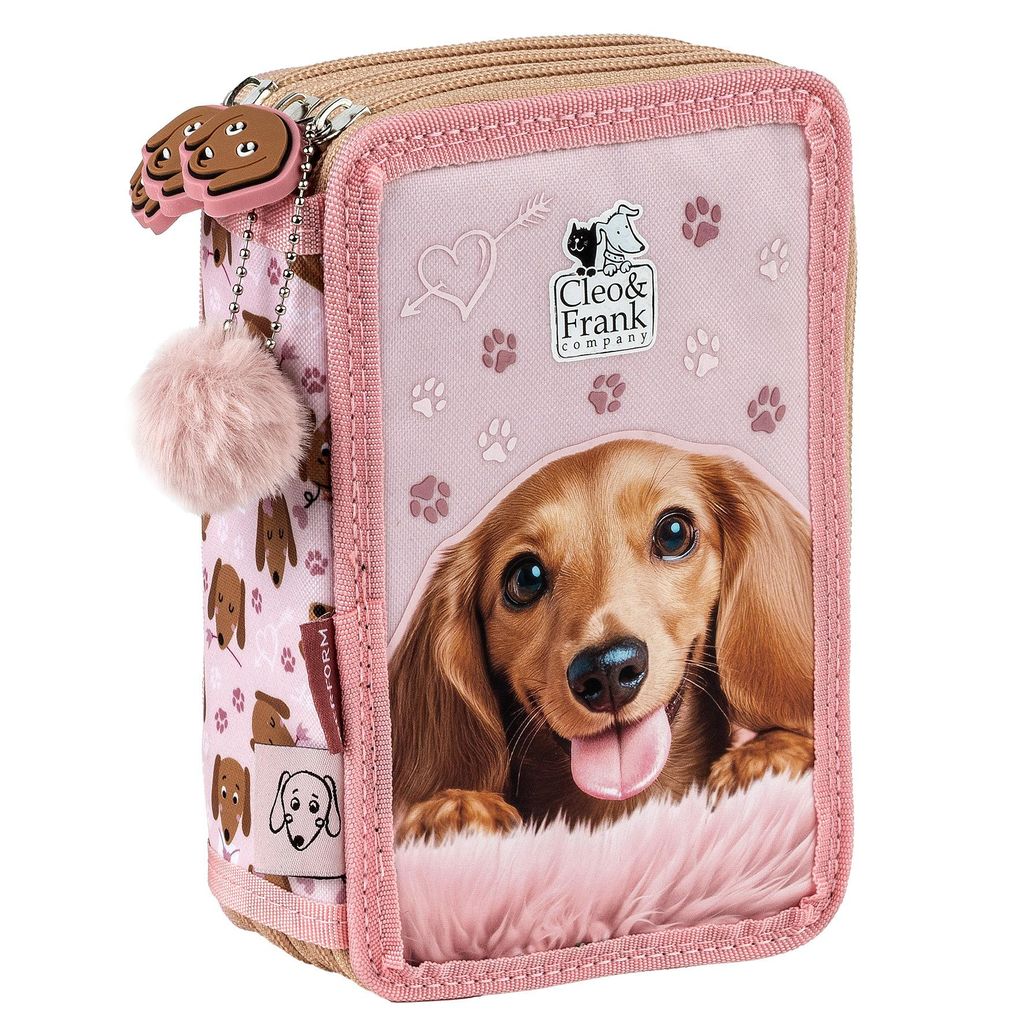 Federtasche Hunde Dackel 3 Fach Federmäppchen gefüllt Produktbild 