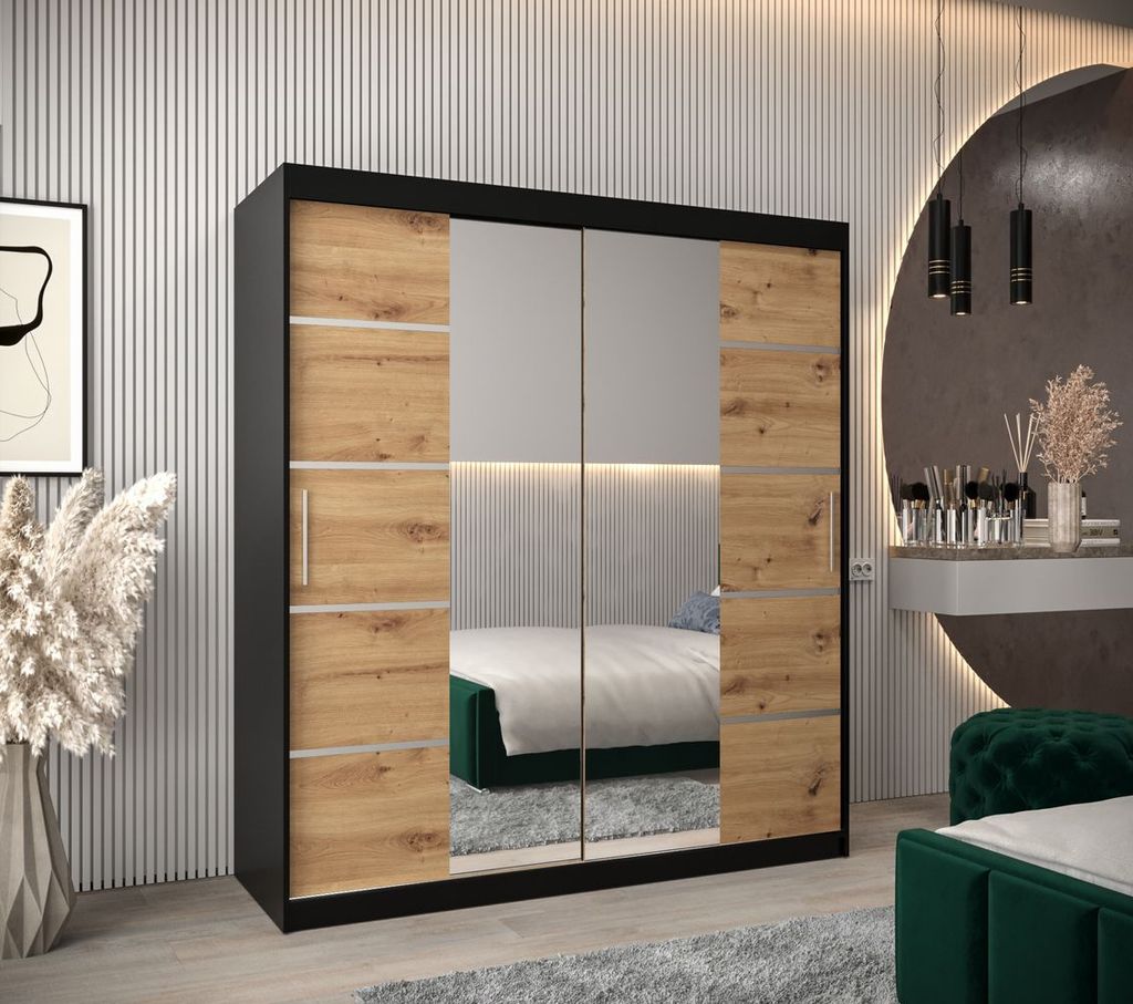 Schrank mit Spiegeln VIVIEN – Breite 180 cm, Schwarz / Eiche Artisan