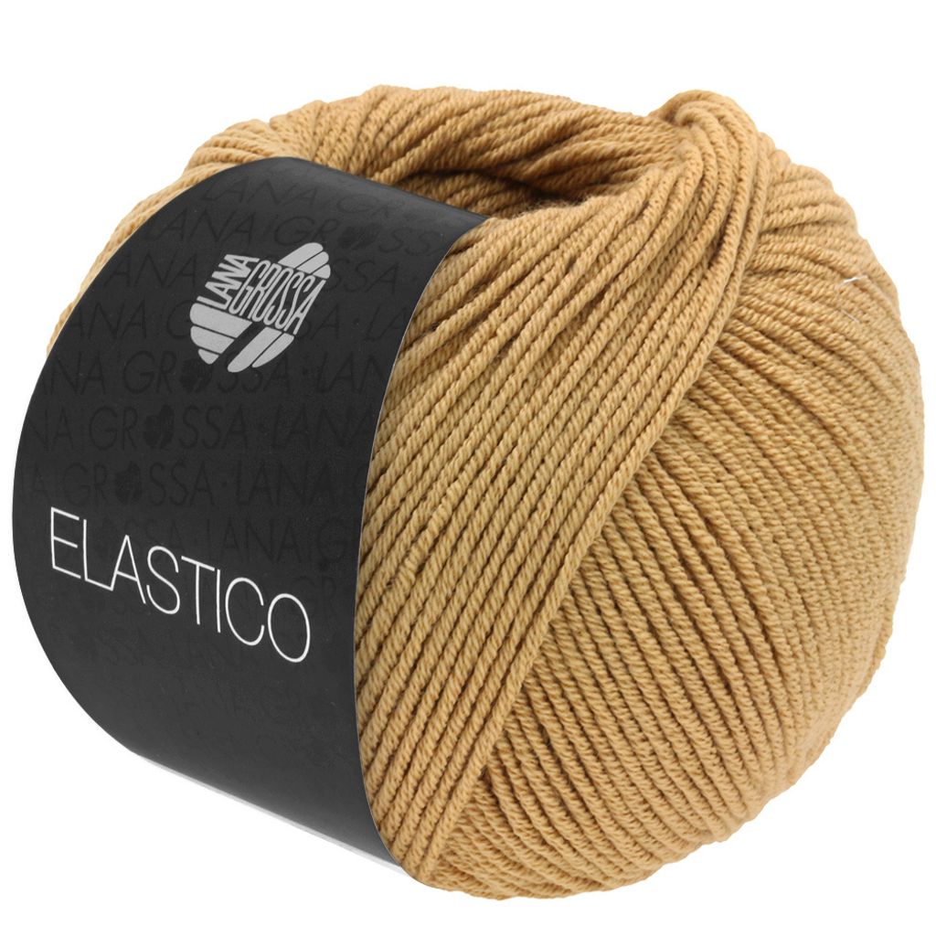 A ball of camel-colored yarn with a black label.