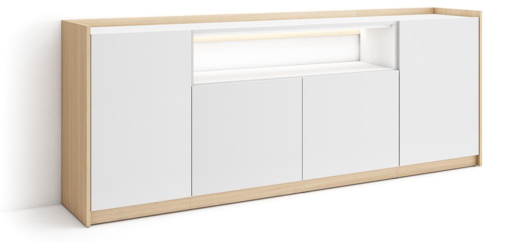 Sideboard Holzeffekt weiß und eiche 207x37x80cm mit Led