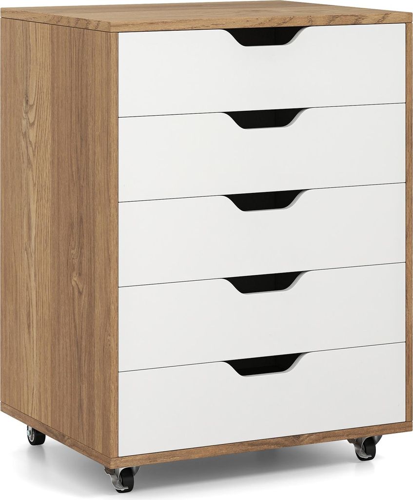 GOPLUS Rollcontainer mit Schubladen, Schubladenschrank mit Rollen, Griffmulden, mobiler Aktenschrank, Bürocontainer Rollschrank, Natur