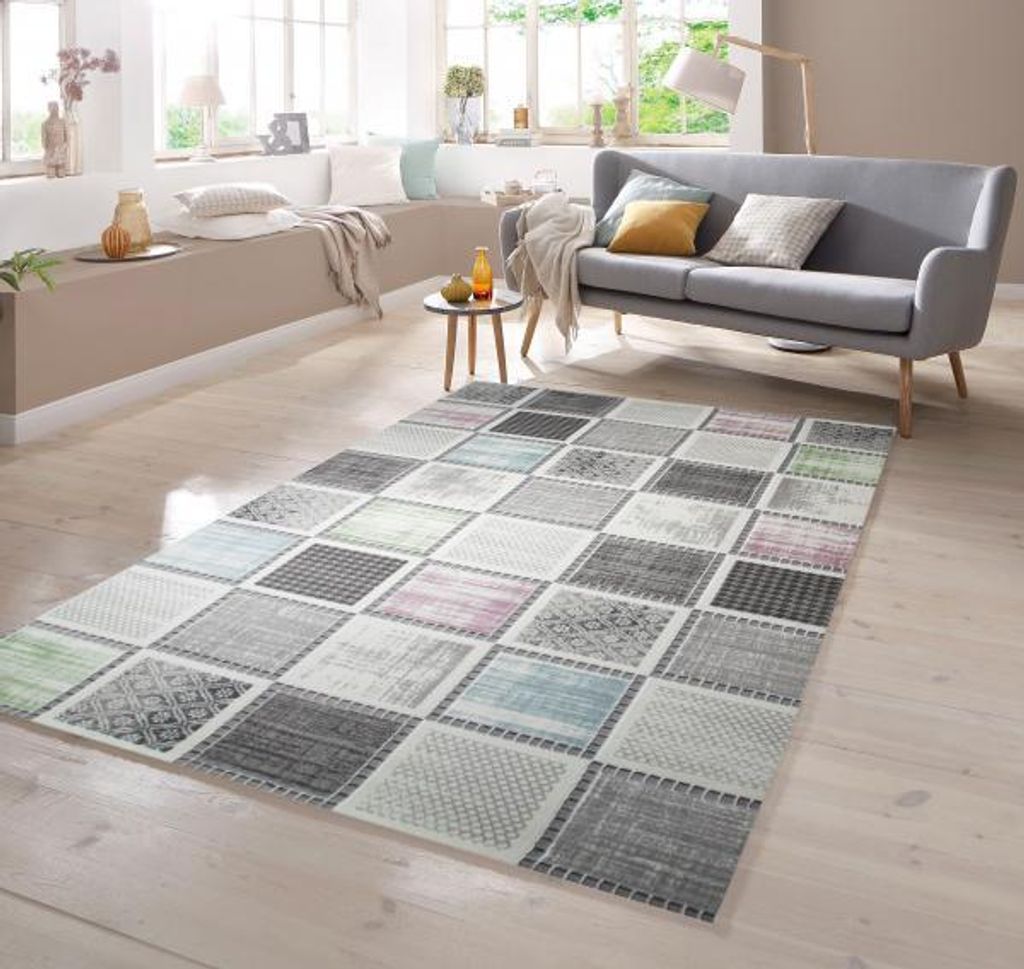 Designer Kurzflor mit Karomuster in Lila Blau Grün Grau Produktbild 