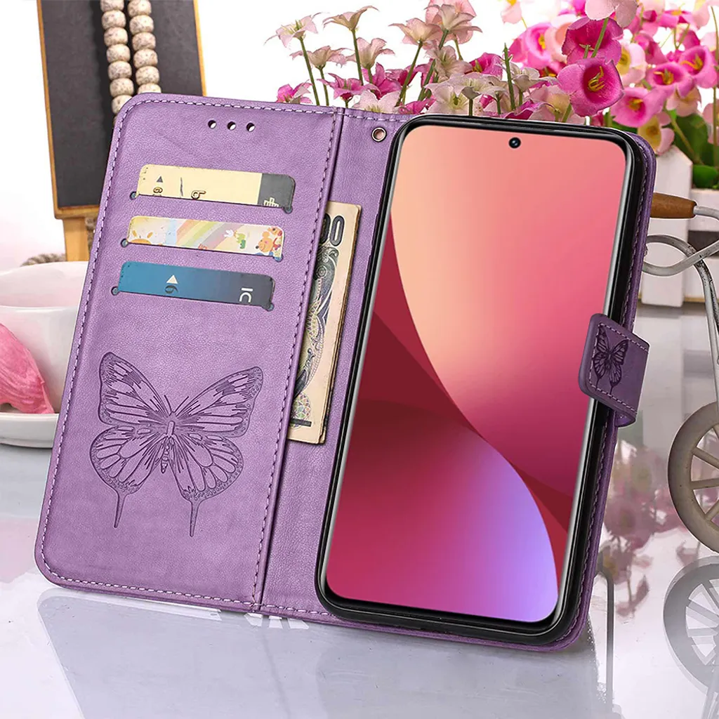 Custodia A Libro Portafoglio Con Fiori Per Xiaomi 12 Lite - Cover In Similpelle Con Tasca Zip, Porta Carte E Laccio - Viola