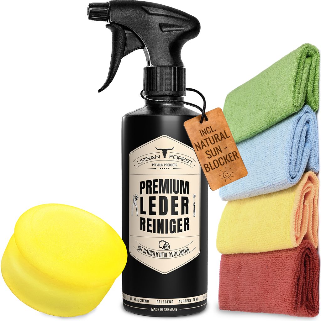 Premium LEDERREINIGER + Schwamm + 4 Mikrofasertüche mit natürlichem Avocado-Öl 500ml zur Reinigung von Leder & Lederpflege für Auto Sofa Schuhe...