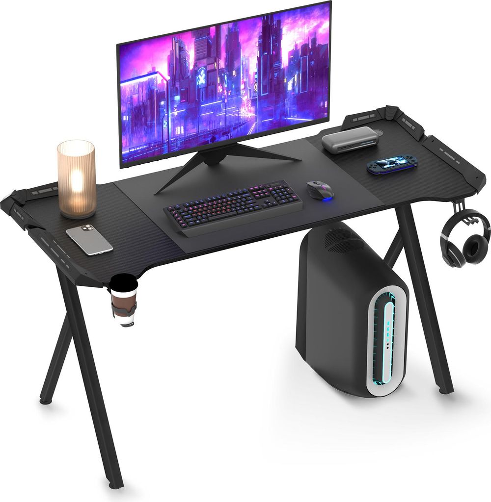 YUENFONG Gaming Schreibtisch Mit Licht 140x60x75cm Stehpult in Gaming Tisch Groß Computertisch PC Schreibtisch für zu Hause, Büro, Y-Frame, Schwarz