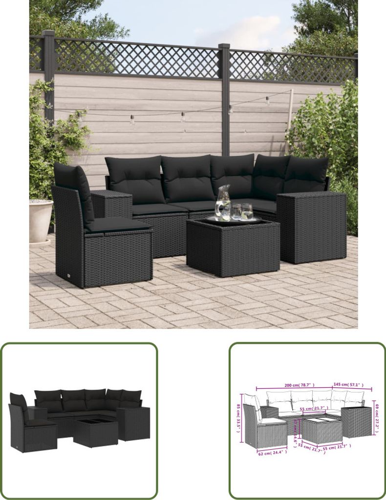 The Living Store 6-tlg. Garten-Sofagarnitur mit Kissen Schwarz Poly Rattan