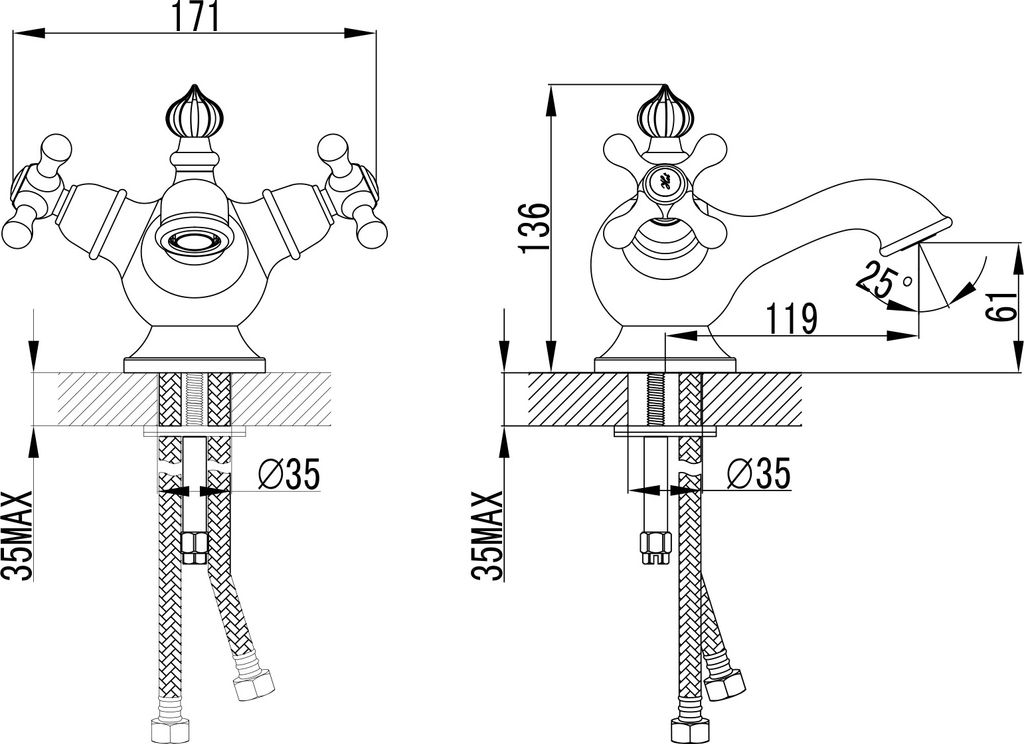 PaulGurkes Waschtischarmatur Retro Antik Zweigriffmischer klein Zweigriffmischer