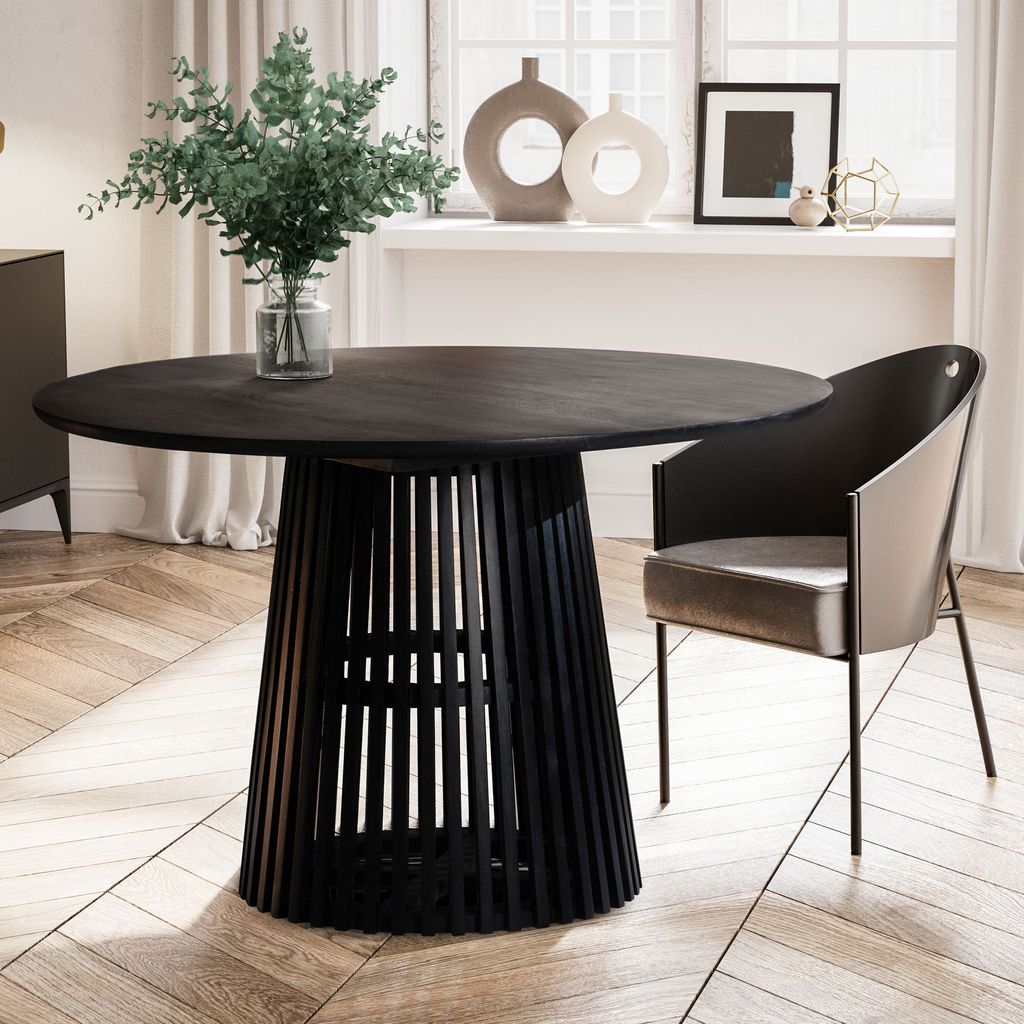 FineBuy Esstisch rund Ø 120 cm Mango Massivholz Schwarz – Moderner Holztisch mit Gittergestell, Design Esszimmertisch 4 Personen, Küchentisch m...