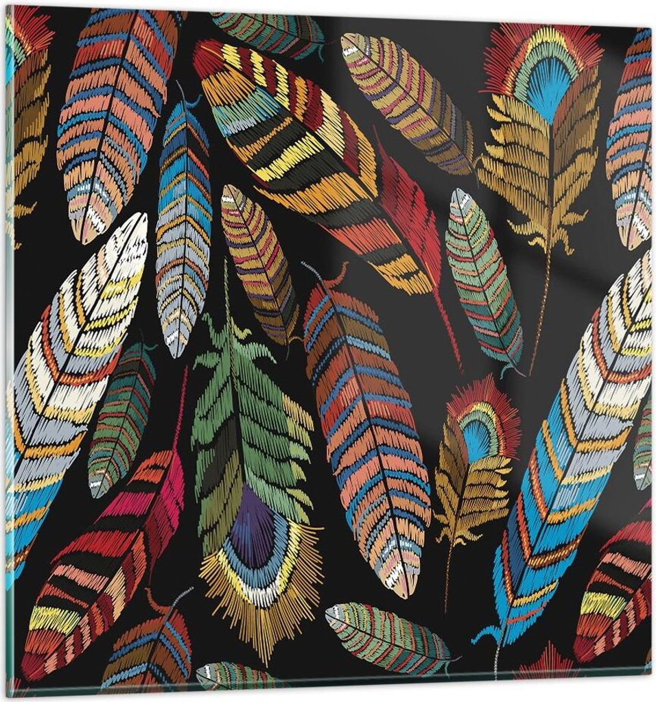 Bilder auf glas - Einteilig - Federn Bunt Stickerei - 60x60cm - Glasbilder - Wandbilder - Bilder - zum Aufhängen bereit - Wanddekoration aus Glas ...