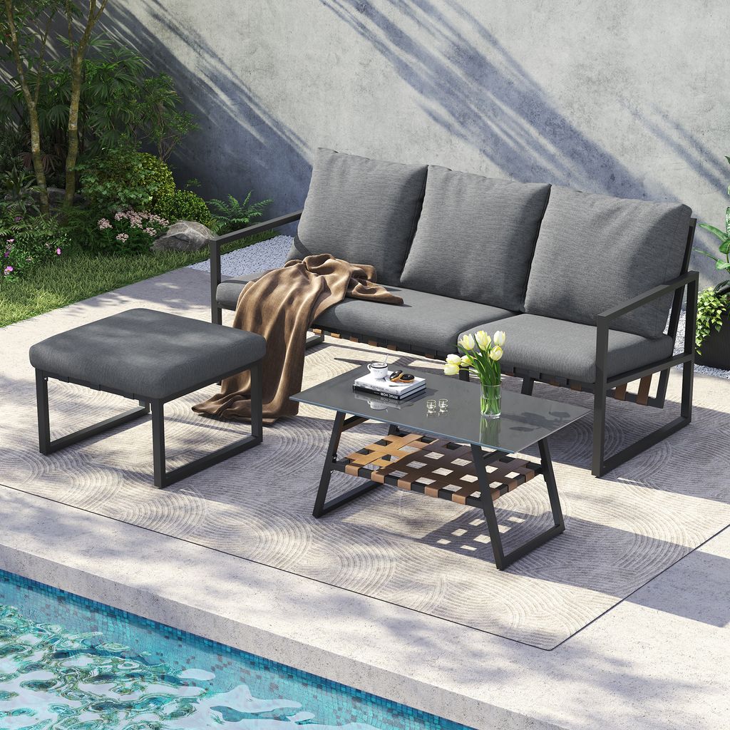 Merax Gartenmöbel-Set aus 3-Sitzer Ecksofa, Couchtisch mit Glasplatte & Hocker, Outdoor Lounge Set wetterfest, Balkonmöbel mit PolyurethanGeflech...