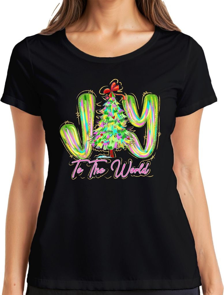 Joy To The World Christmas Tree Neon Glitter Festive Gift Holiday Damen T-Shirt, Schwarz, 3XL