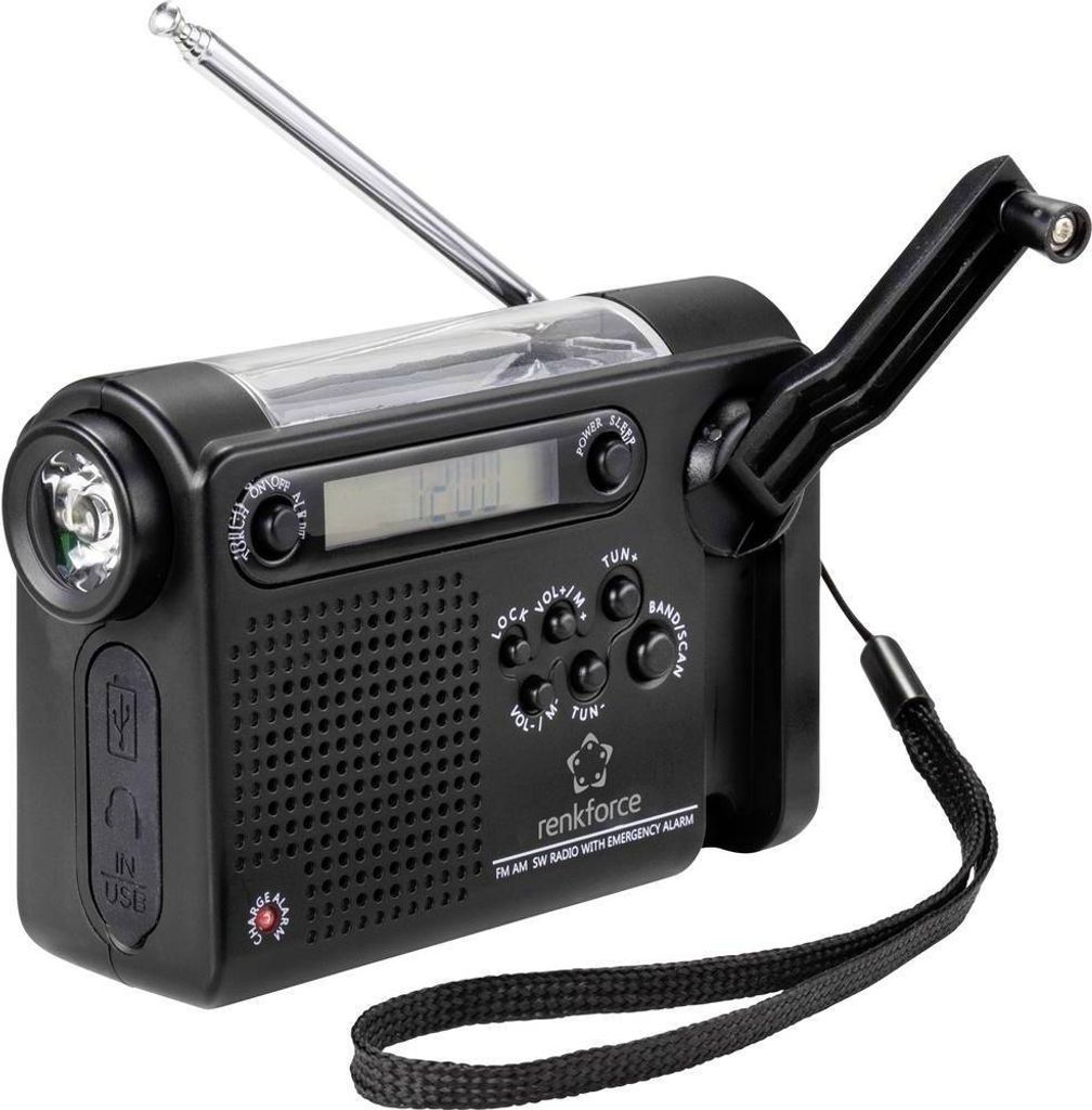 A black emergency radio with a solar panel, hand crank, flashlight, and digital display.