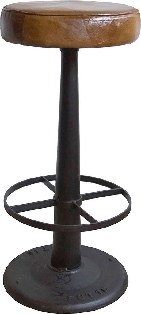 Rustikaler Barhocker mit rundem Ledersitz und schwarzem Eisengestell - 1 Stück
