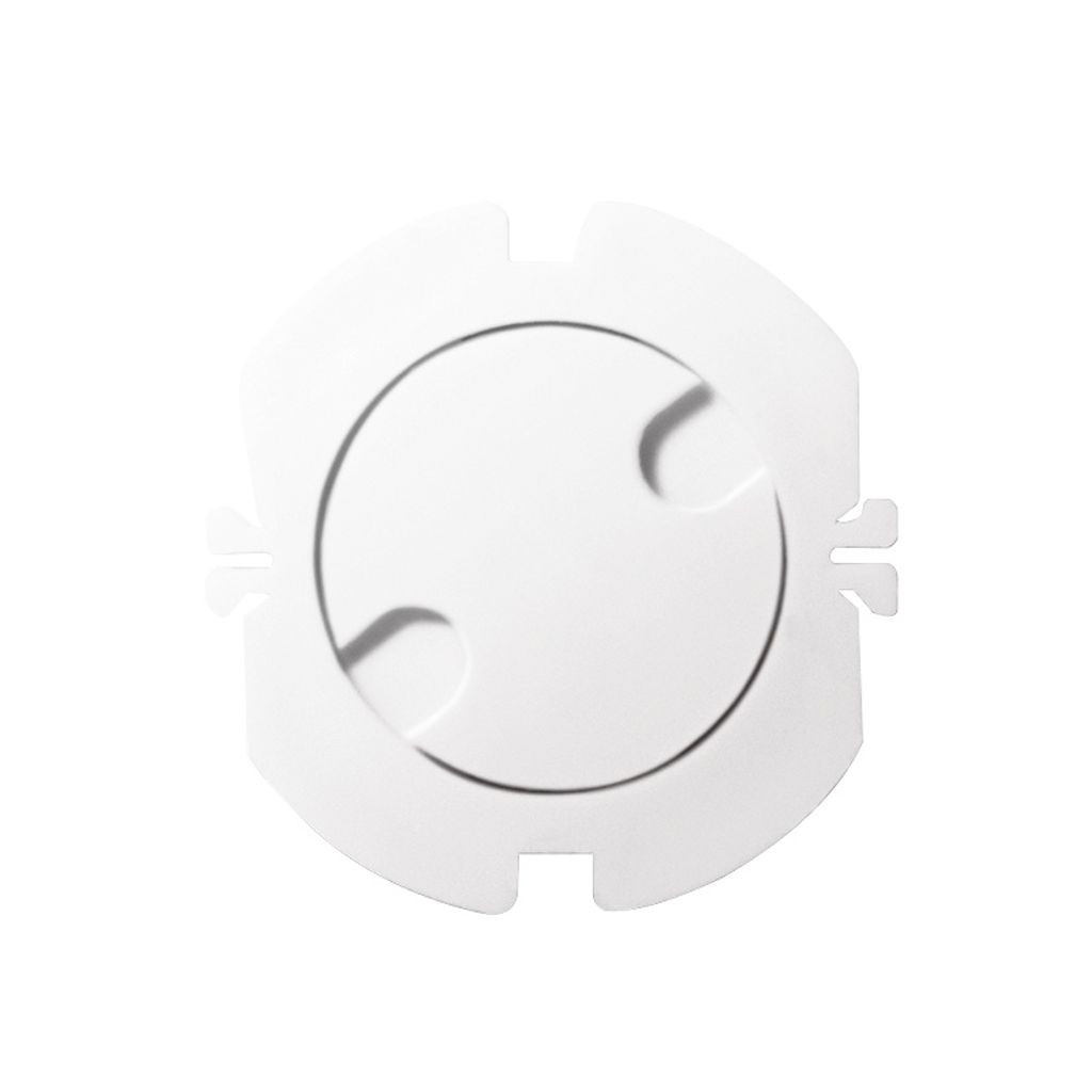 A white plastic electrical outlet cover with a circular opening and three indentations, presented against a white background.