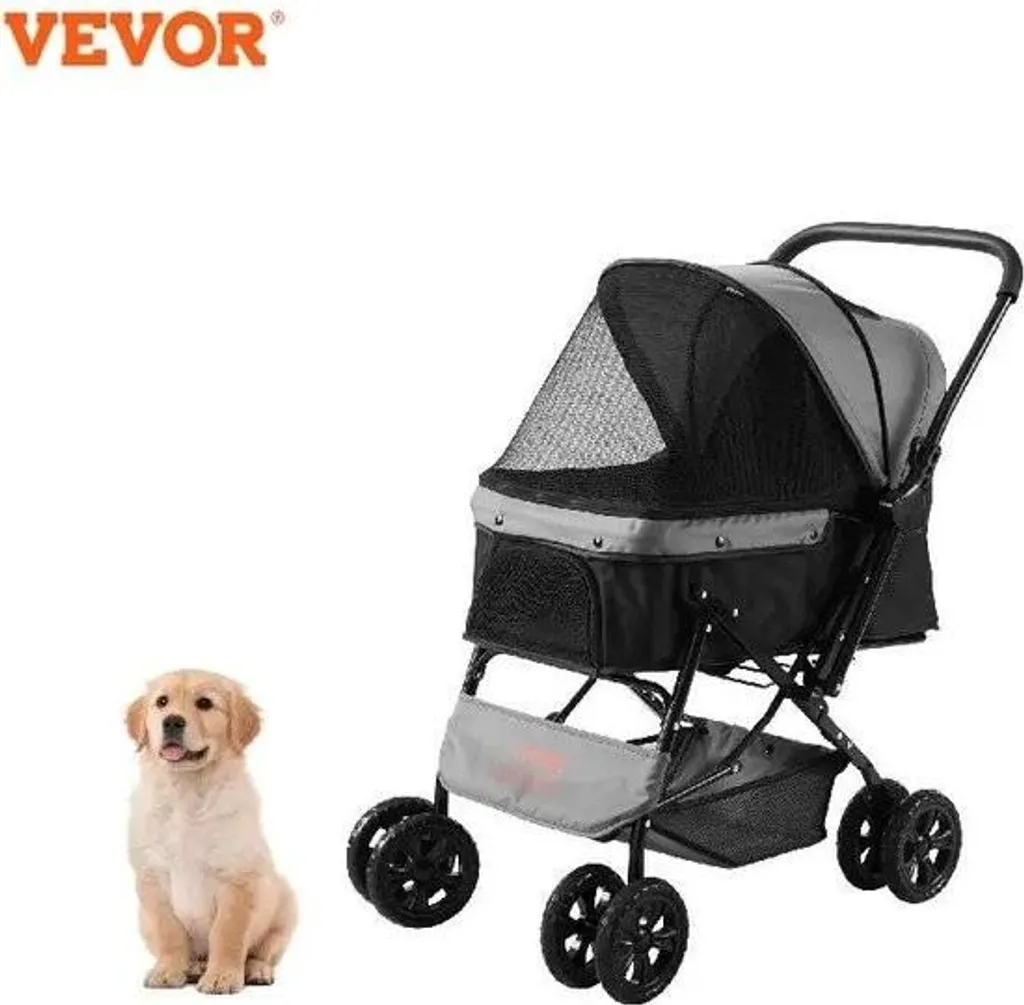 Poussette Chien Chat Pliable - Landau Petites Races 20 kg Noir/Gris Filet