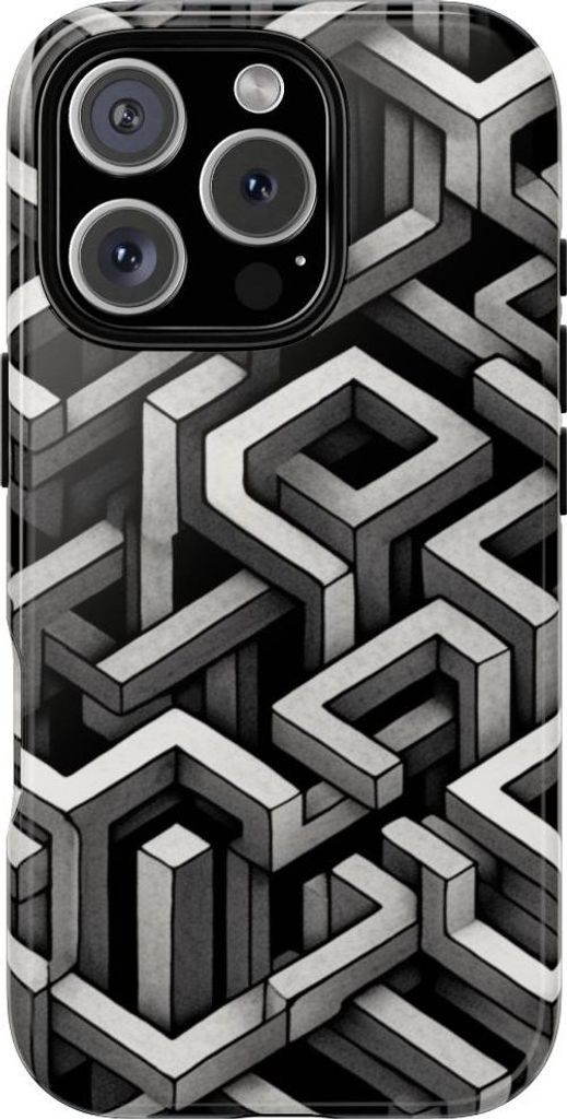 Monochrome geometrisches 3D-Illusionsmuster – Hülle Kompatibel mit iPhone 16 Pro