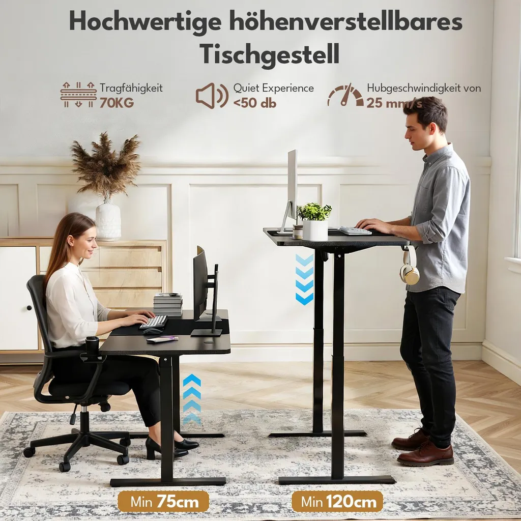 Bureau réglable en hauteur 120x60 cm électrique noir ergonomique