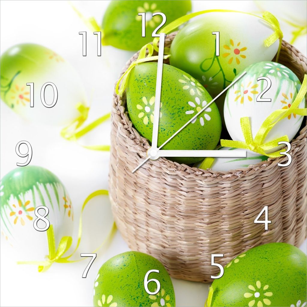 Wallario Design Wanduhr Ostergruß - bunte bemalte Ostereier in einem kleinen Körbchen aus Echtglas, Größe 30 x 30 cm
