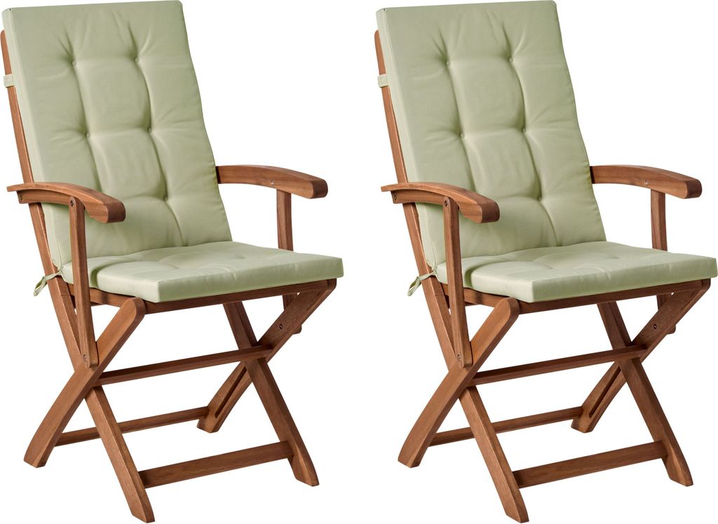 BELIANI Gartenstuhl 2er Set Hellbraun Akazienholz Klappbar mit Auflagen Hellgrün Hohe Armlehnen Modern Garten Balkon Klappstuhl Niedriglehner Stuhl