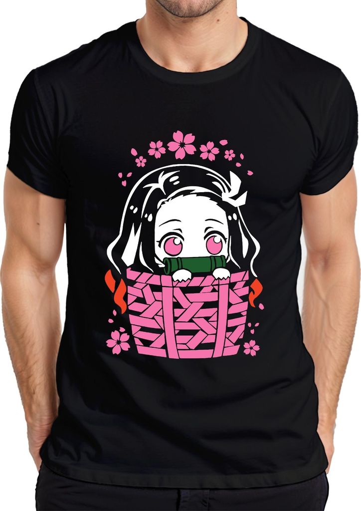 Nezuko Kimetsu No Yaiba Anime Kawaii Bambus Korb Sakura Geschenk Herren T-Shirt, Schwarz, M