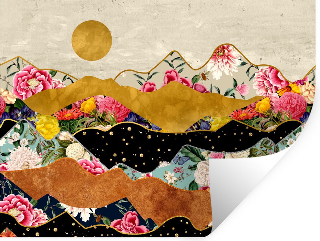 MuchoWow Wandtattoo Wandsticker Wandaufkleber Gold - Blumen - Druck - Abstrakt - Landschaft - Muster 40x30 cm Selbstklebend und Repositionierbar ...
